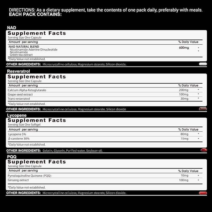 NAD Supplement with Resveratrol PQQCa-AKGNicotinamideGreen Tea Advanced NAD+ Supplement Daily Pack Support Healthy MitochondriaHealthy Aging and Cellular Energy for Women &amp Men 30 Packs