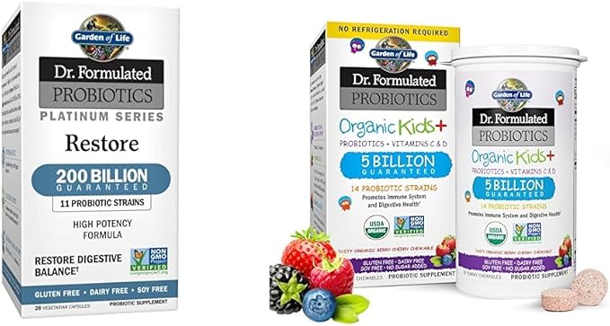 Garden of Life Dr. Formulated Probiotics Platinum Series Restore 200 Billion &amp Dr. Formulated Probiotics Organic Kids+ Plus Vitamin C &amp D - Berry Cherry