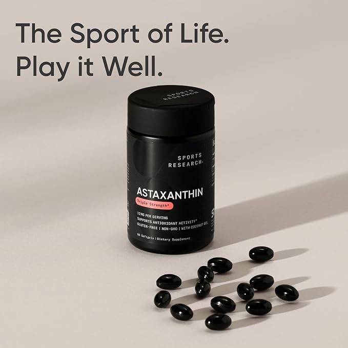 Sports Research Triple Strength Astaxanthin 12mg - Antioxidant Supplement for Skin &amp Eye Health Support - Soy Free Non-GMO Gluten Free - 60 Softgels