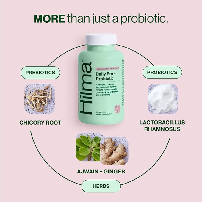 Hilma Pre and Probiotic with Herbs - Support Gut Health with Prebiotics and Probiotics Plus Gas and Bloating Relief for Women &amp Men 60 Vegan Capsules