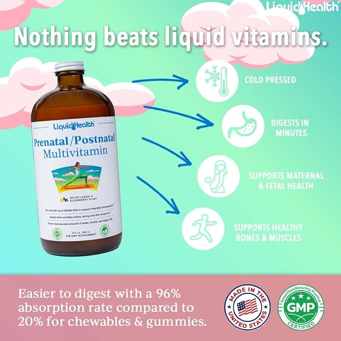 LIQUIDHEALTH Prenatal/Postnatal Multiple Liquid Women's Multivitamin with Real Folate - Pre &amp Postnatal Vitamins for Before During After Pregnancy - Made in USA Vegan Sugar-Free Non-GMO (3 Pa