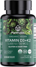 PlantFusion Organic Vegan Vitamin D3 + K2 5000 IU 50MCG – Vitamin D Sourced from Plant Based Lichen and Vitamin K2 for Immune Support and Bone Health - 60 Capsules