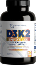 D3K2 Enhanced with Calcium &amp BioPerine® - 5000 IU Vitamin D3 + 100 mcg Vitamin K2 MK-7 - Once-Daily Formula 60 Capsules