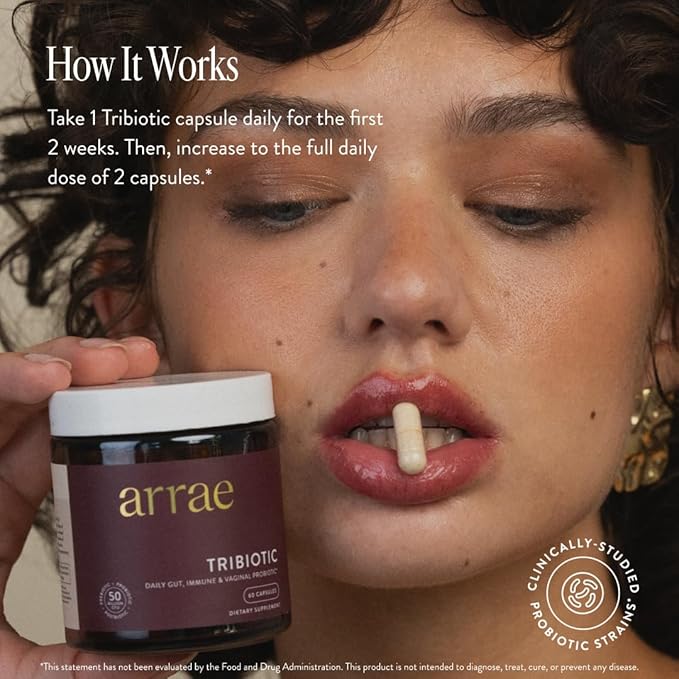 Arrae Tribiotic Probiotics for Women Support for Vaginal pH Balance Gut Immune and Feminine Health Prebiotics Probiotics Postbiotics 60 Count