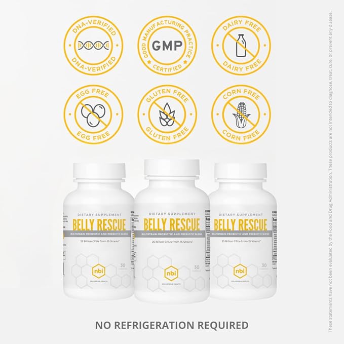 NBI Belly Rescue: Probiotics &amp Prebiotics Blend for Women &amp Men Once Daily for Digestive Skin and Immune Health Shelf Stable
