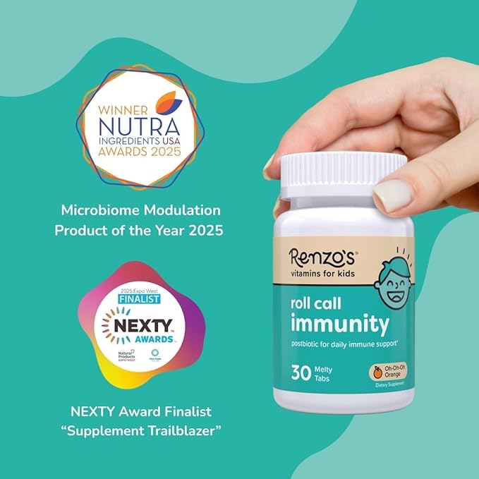 Renzo's Roll Call Immunity - Dissolvable Kids Immune Support Supplement with IMMUSE Postbiotic Sugar-Free Kids Vitamins 30 Orange-Flavored Melty Tabs