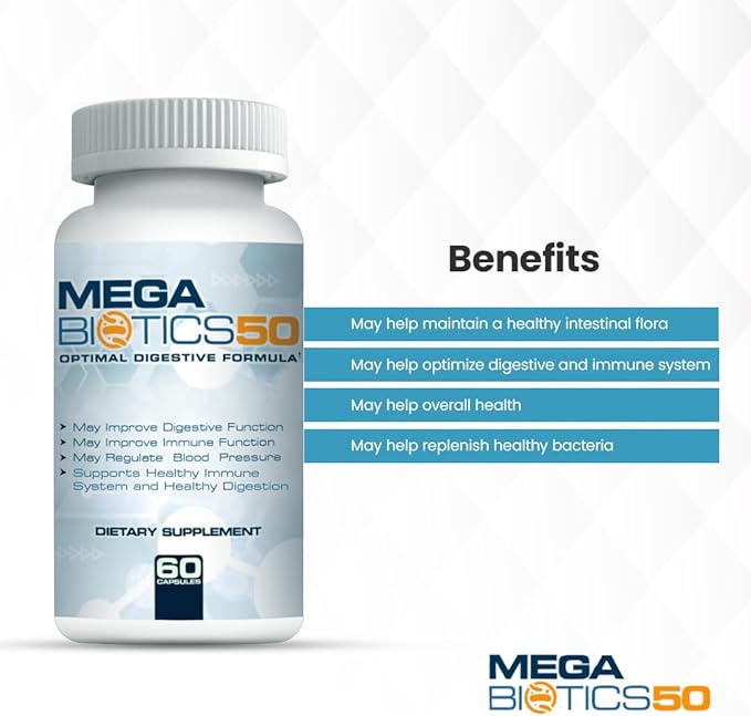 MegaBiotics50-40 Billion with 10 Probiotic Strains Dairy Soy and Gluten Free Strain Verified 60 Capsules