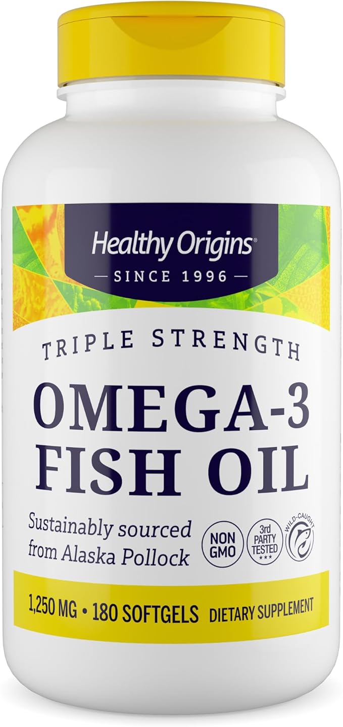 Healthy Origins Triple Strength Omega 3 Fish Oil 1250mg from Wild Alaska Pollock with DHA EPA &amp Omega 3s Gluten-Free Non-GMO 180 Softgels