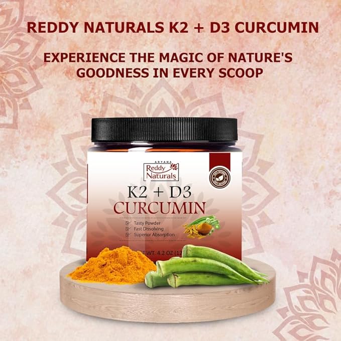 Reddy Naturals Vitamin K2 D3 with Turmeric Curcumin – Vitamin K2 + D3 Supplement Powder for Daily Wellness Plant-Based Nutrition &amp Clean Natural Ingredients – Premium Turmeric K2 D3 Blend (120 g)