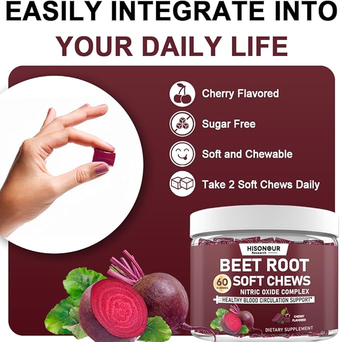Beetroot Chews Beet Root Soft Chews with Grape Seed Pomegranate Black Pepper Vitamin C B12 Nitric Oxide Supplement for Men &amp Women Cherry Flavor Sugar Free 60 Chews