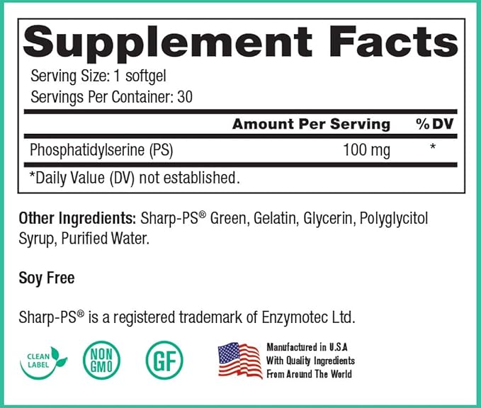 Peak Pure &amp Natural “Peak PS” Phosphatidylserine Brain Health Supplement - Soy-Free Nootropic for Memory Health - Supplement for Brain Health - 30 Count 100mg Softgels