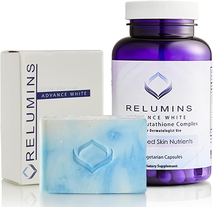 Relumins Glutathione Supplement 1650mg with Alpha Lipoic Acid &amp Rose HIPS Glycolic Acid Soap with Aloe &amp Salicylic Acid – Skin Nourishing and Exfoliating Duo for a Healthy Glow