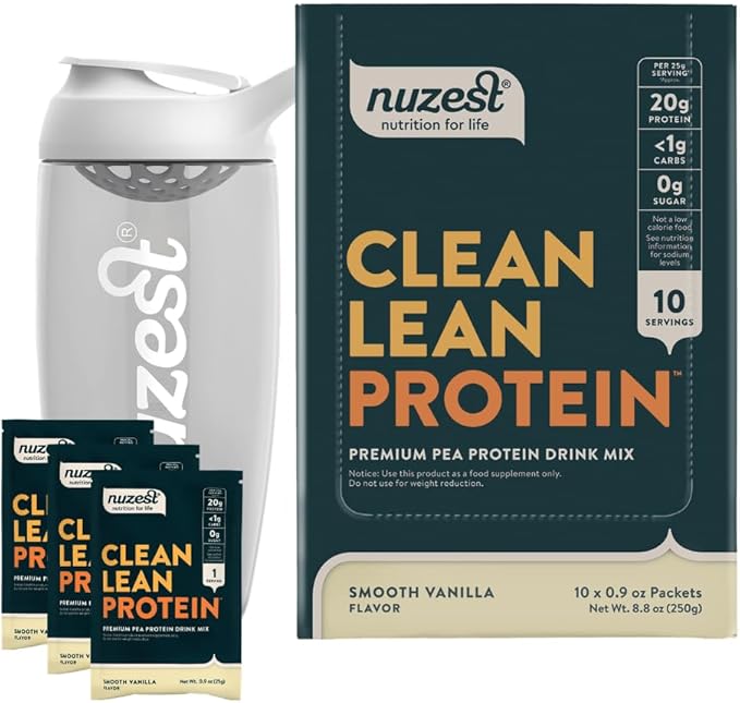 Nuzest Vegan Pea Protein Powder - Clean Lean Protein 10 Servings 20g Protein Smooth Vanilla Protein Shake Mix + Sports Shaker Bottle 24oz