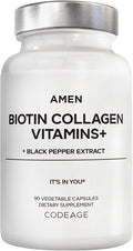 Amen Biotin Collagen Vitamins+ 10000 mcg Biotin Supplement - Hydrolyzed Collagen Vitamins C &amp E Folate Hyaluronic Acid Keratin MSM Saw Palmetto - 3-Month Supply - Non-GMO - 90 Capsules