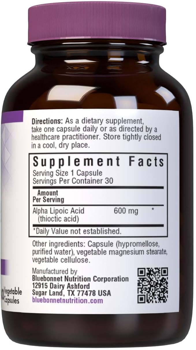 BlueBonnet Alpha Lipoic Acid 600mg - Powerful Antioxidant Nerve Support Supplement for Women &amp Men - Non-GMO Vegan Kosher - Gluten-Free Soy-Free Dairy-Free - 30 Vegetable Capsules