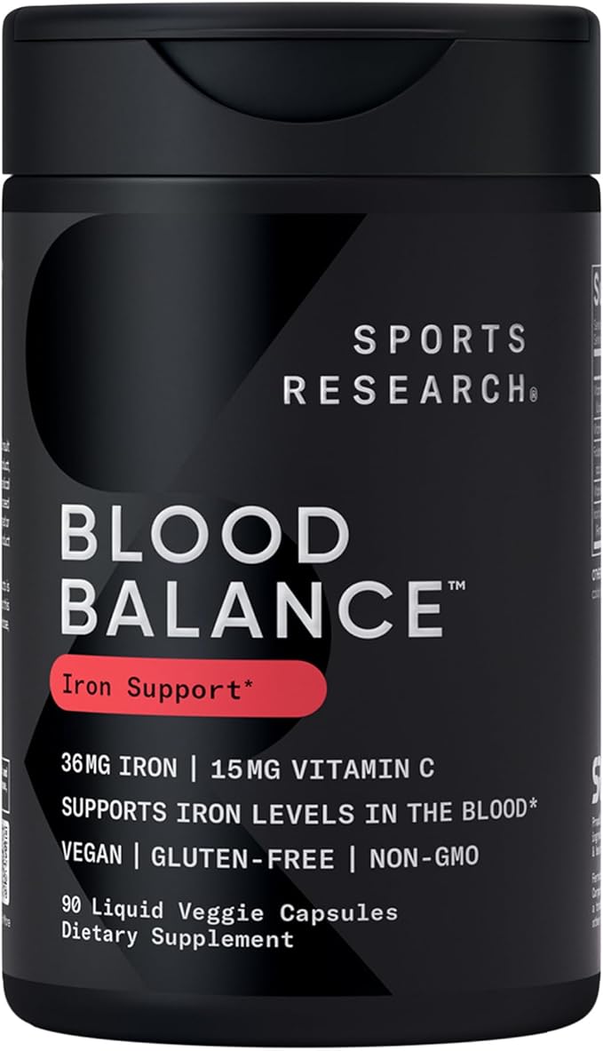Sports Research® Blood Balance Iron Supplement - 36 MG Iron + Folate &amp Vitamin C for Absorption - Red Blood Cell Support for Women &amp Men* - Vegan Certified · Non-GMO · Gluten-Free - 90 Capsule