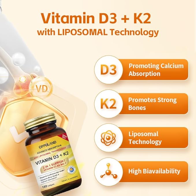 Vitamin D3 + K2 5000 IU - Liposomal Technology for Enhanced Absorption - MK-7 Vitamin K2 100mcg - Supports Bone &amp Calcium Metabolism - D3K2 Supplement for Men &amp Women - 180 Softgels