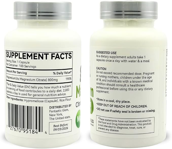 Magnesium Citrate Capsules- Dietary Supplement to Support Bone Health Muscle Function and Relaxation High Absorption Magnesium Supplement - GMO Soy and Gluten Free- 100 Count 800mg