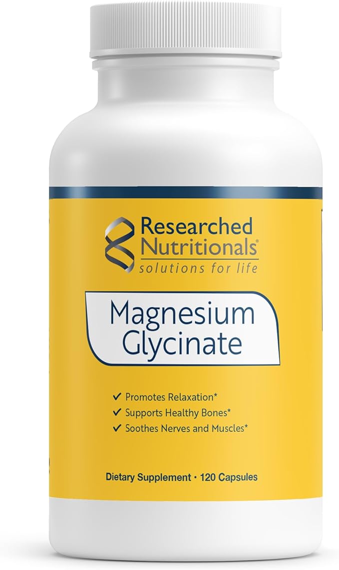 Researched Nutritionals Magnesium Glycinate Capsules - 125mg High Absorption Magnesium Glycinate Supplement to Support Healthy Bones and Energy Production - Vegan &amp Non-GMO (120 Capsules)