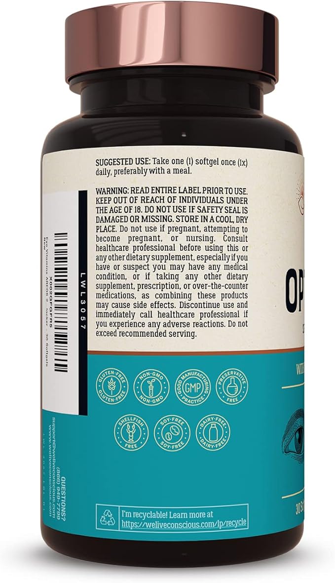Live Conscious Eye Vitamins Select AREDS 2 Ingredients with Vitamin E Lutein and Astaxanthin - OptiWell Eye Health Supplement and Blue Light Support - 30 Softgels