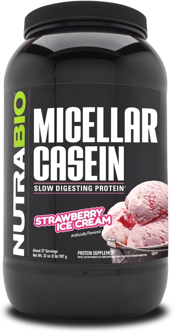 NutraBio Casein Protein Powder Micellar Casien Powder 25g Slow Digesting Protein Helps Keep You Full Overnight Muscle Recovery &amp Growth BCAA &amp EAA Gluten Free Soy Free 2lb Strawberry I