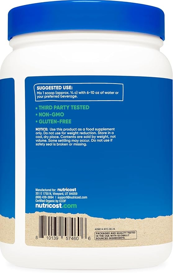 Nutricost Organic Pea Protein Powder (1 LB) Unflavored - Certified USDA Organic Protein from Plants Vegetarian Friendly Gluten Free Non-GMO