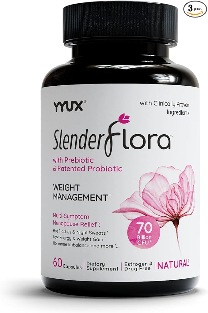 SlenderFlora - Menopause Probiotic Supplement | Weight Management Hot Flashes Night Sweats Bloating | 70 Billion CFU | Gluten Soy &amp Dairy Free | 60 Ct Pack of 3
