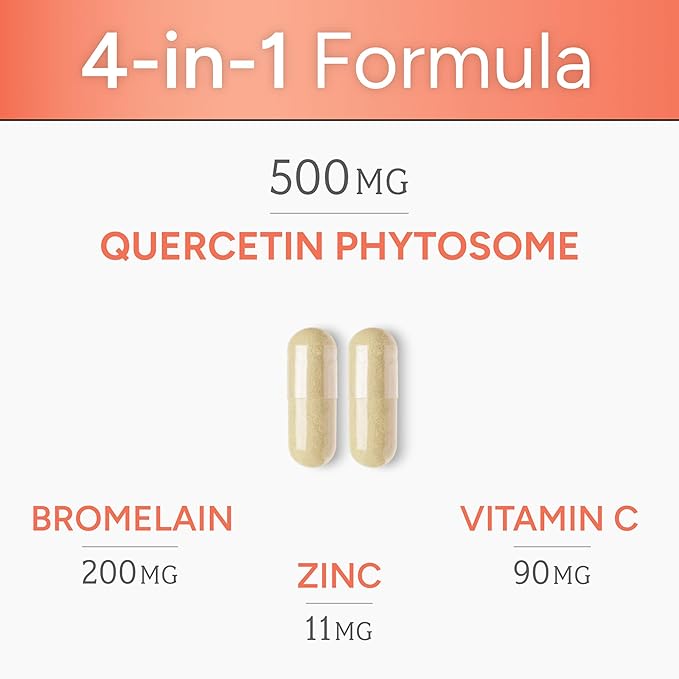 High Absorption Quercetin with Bromelain Vitamin C and Zinc - 500mg Quercetin Phytosome - 50x More Absorption - Supports Immune Function &amp Cellular Health - USA Manufactured Supplement - 60 Capsu