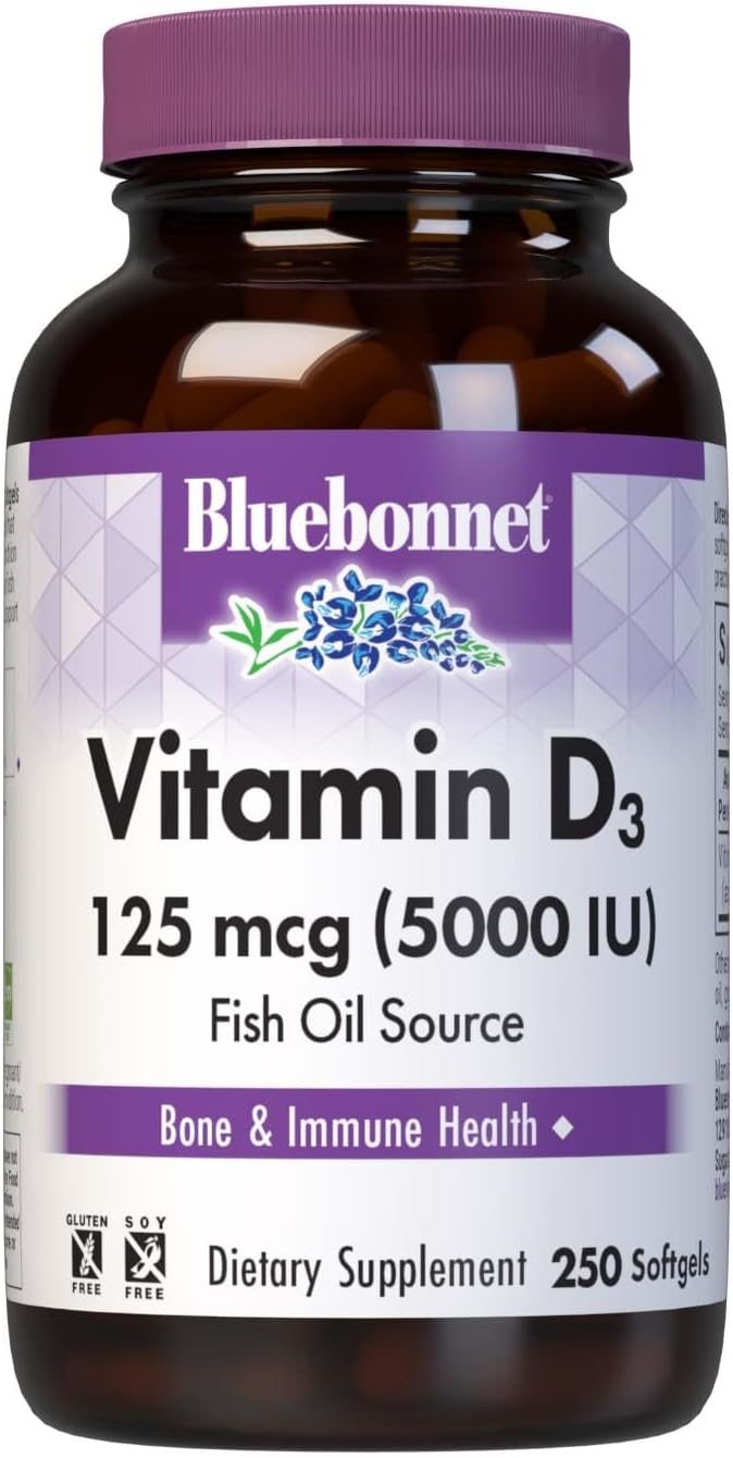 Bluebonnet Nutrition Vitamin D3 5000 IU Softgels Aids in Muscle and Skeletal Growth Cholecalciferol from Fish Oil Non GMO Gluten Free Soy Free Dairy Free Yellow 250 Softgels