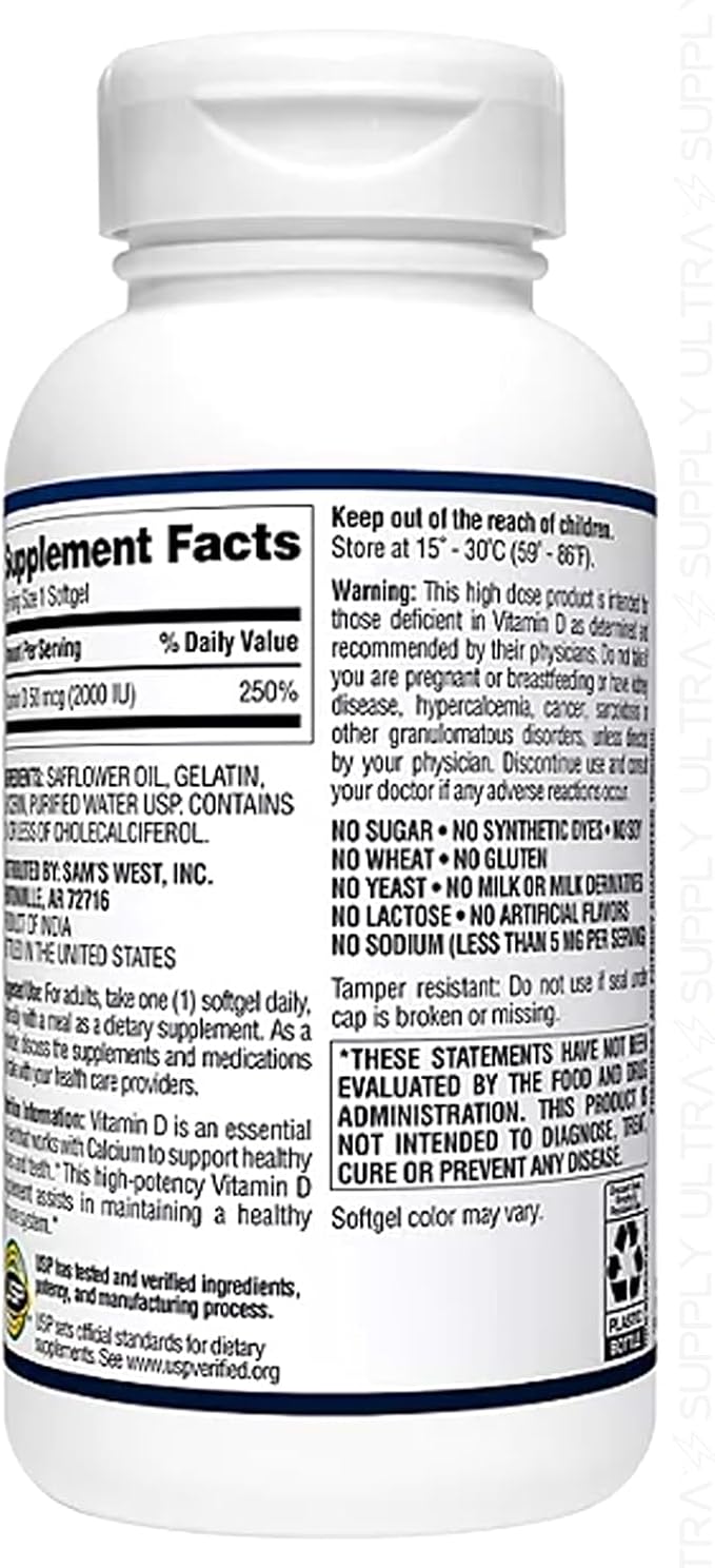 Members Mark Vitamin D3 (400 Count.) 2000 IU (50 mcg) Immune &amp Bone Health Support Non-GMO Gluten-Free