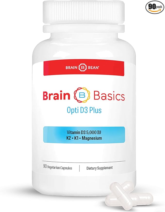 Brain Basic Opti D3 Plus - Vitamin D3 5000 IU with K1 K2 and Magnesium - Brain Support Supplement for Mood Mind Memory - Bone Muscle and Immune Health - Gluten Free Soy Free and Dairy Free
