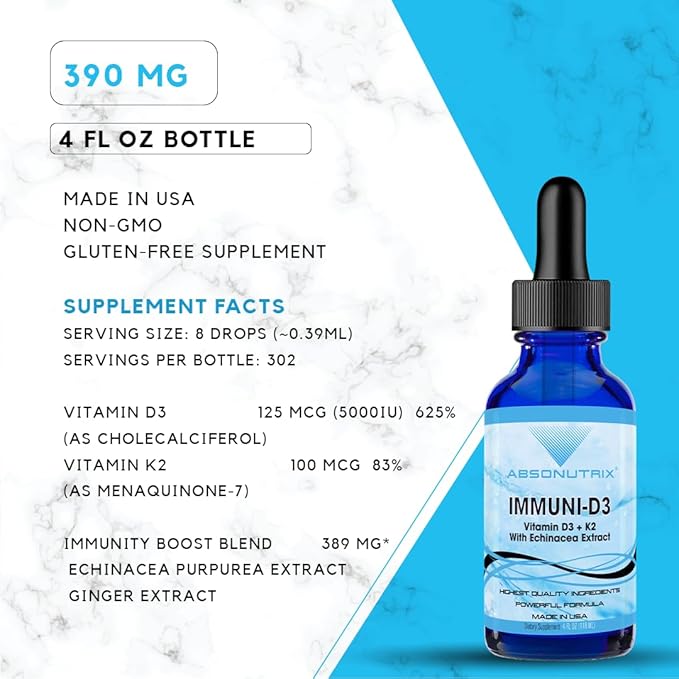 Absonutrix Vitamin D3 K2 Drops 390mg 4 Oz Liquid 302 Servings Made in USA Quick Absorption Quality Potent Ingredients Non-GMO GMP Certified Cruelty-Free Products (Immuni-D3)