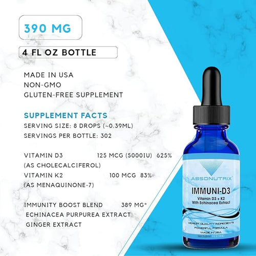 Absonutrix Vitamin D3 K2 Drops 390mg 4 Oz Liquid 302 Servings Made in USA Quick Absorption Quality Potent Ingredients Non-GMO GMP Certified Cruelty-Free Products (Immuni-D3)