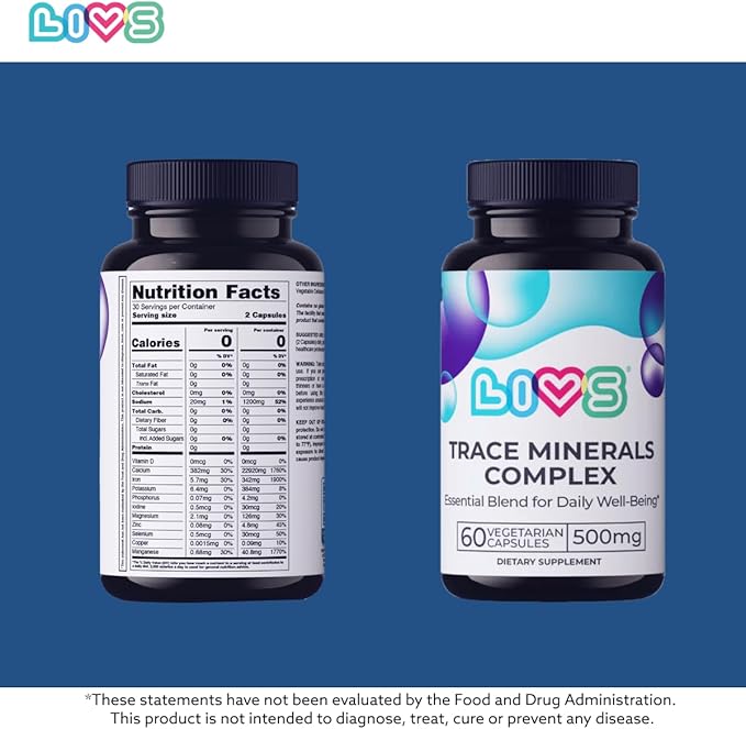 LIVS Trace Mineral Complex – 500mg Vegetarian Capsules | 11 Essential Trace Minerals for Immune Cellular &amp Electrolyte Support | Daily Magnesium Supplement with Zinc Potassium Calcium – 120 Cou