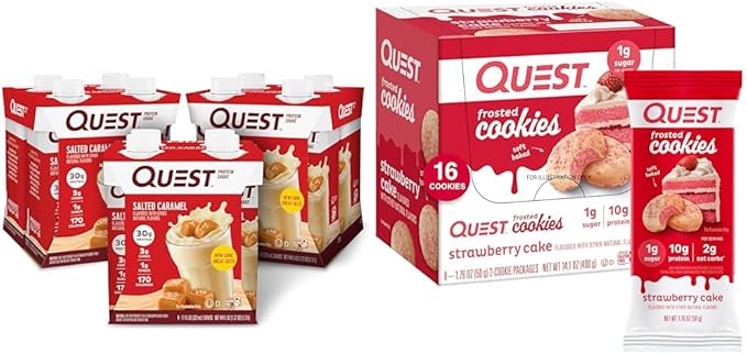 Quest Protein Shake Salted Caramel 4 Pack and Strawberry Cake Frosted Cookies Twin Pack Bundle 30g Protein