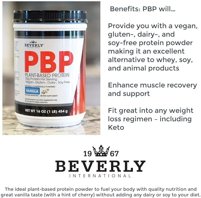 Beverly International PBP Plant Based Protein. Vegan Gluten Dairy Soy-Free. Great Vanilla Taste Smooth Easy to Digest 21g Protein per Serving (15 Servings) 1lb. Complete Amino Acid Profile.
