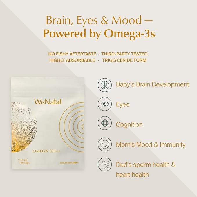 WeNatal Omega DHA+ Fish Oil Supplement with 600mg DHA EPA DPA – Brain Fertility and Pregnancy Support – Third-Party Tested Mercury-Free No Aftertaste – 60 Softgels