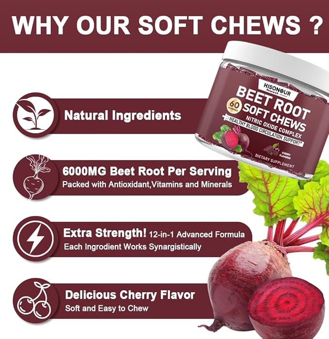 Beetroot Chews Beet Root Soft Chews with Grape Seed Pomegranate Black Pepper Vitamin C B12 Nitric Oxide Supplement for Men &amp Women Cherry Flavor Sugar Free 60 Chews