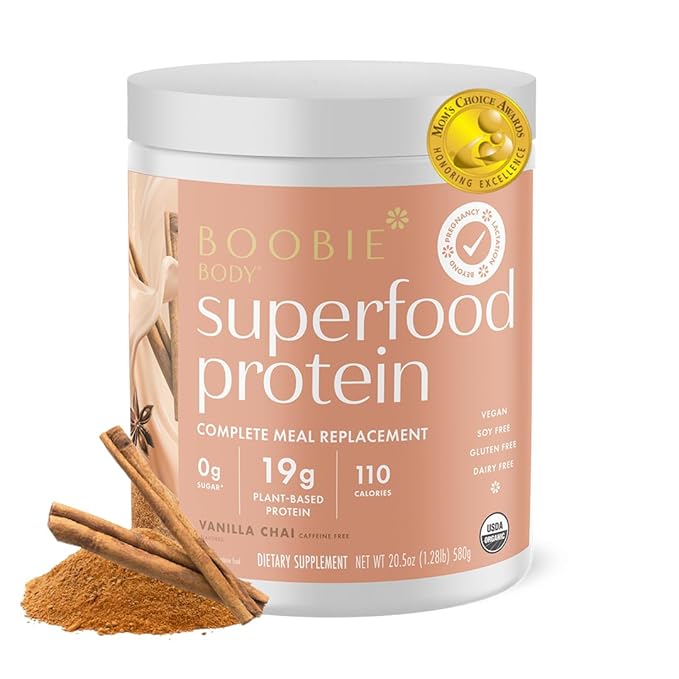 Boobie Body Superfood Protein Pregnancy and Postpartum Meal Replacement Shake Vanilla Chai Flavor | 19g Protein | Safe for Lactation &amp Motherhood | Organic Vegan Zero Sugar 1 Tub (20 Servings)