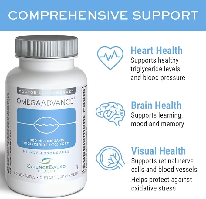 ScienceBased Health OmegaAdvance Omega-3 Fish Oil – Triglyceride Form with 1000 mg EPA &amp DHA – Plus Lutein &amp Zeaxanthin – Supports Heart Brain &amp Eye Health – Lemon Coated – 60 Softgels