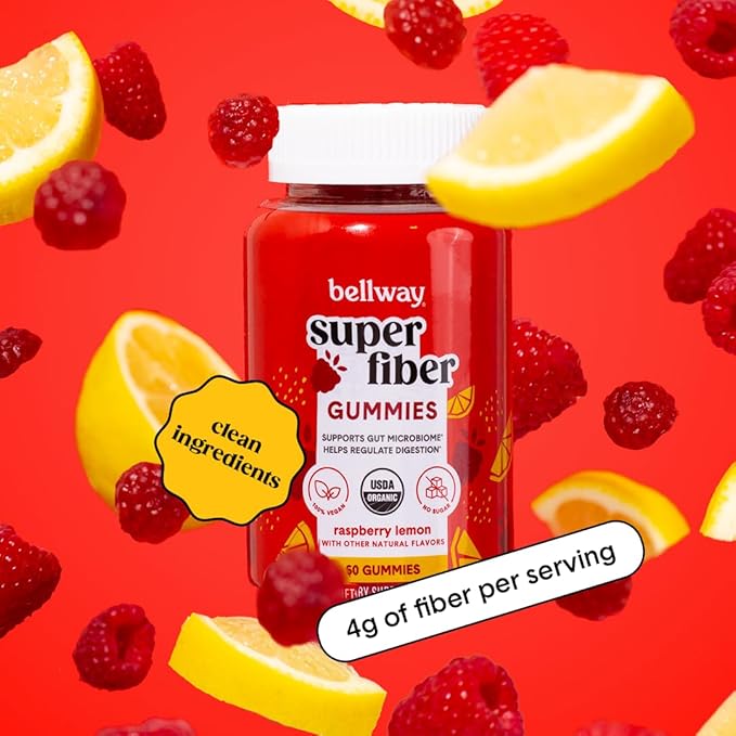 Bellway Super Fiber Gummies for Adults - Sugar Free Organic Fiber Supplement Gummies with 4g of Fiber per Serving - Prebiotic Chicory Root Fiber for Digestive Gut Health Raspberry Lemon 60 Count
