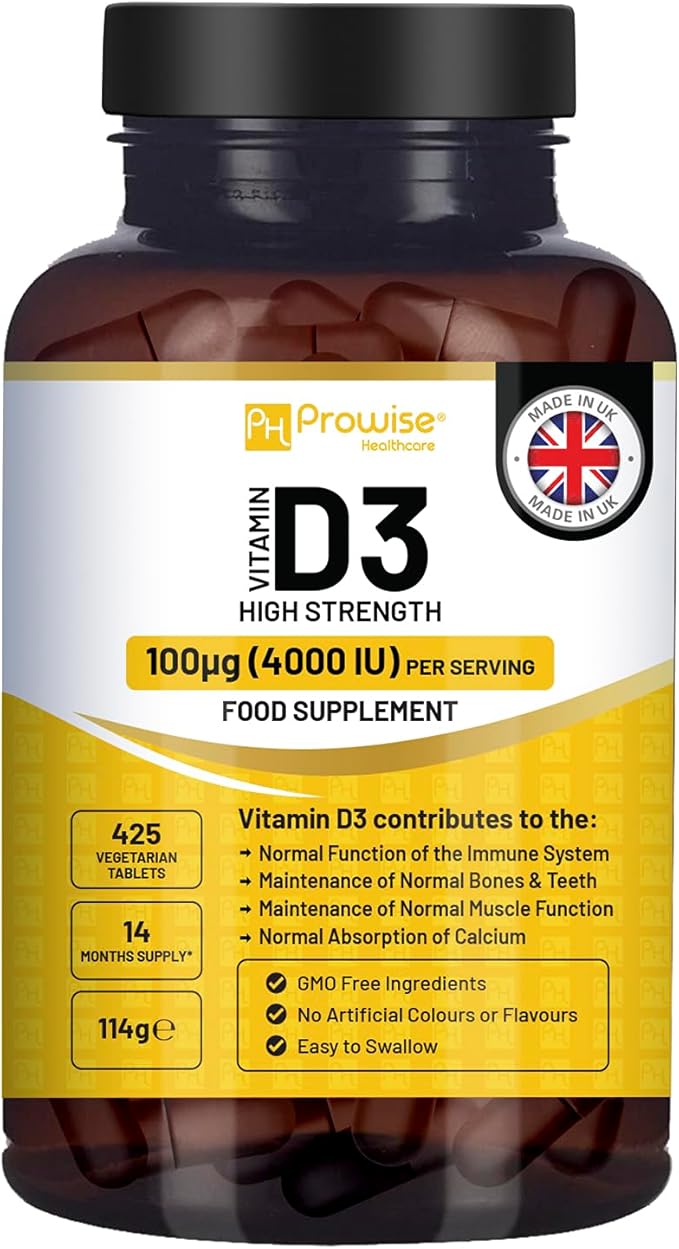Vitamin D3 4000IU High Strength I 425 Vegetarian Tablets (14 Months Supply) I Easy Swallow Vitamin D3 Supplement for Immune Support Calcium Boost Bone &amp Muscle I Made in the UK by Prowise Health