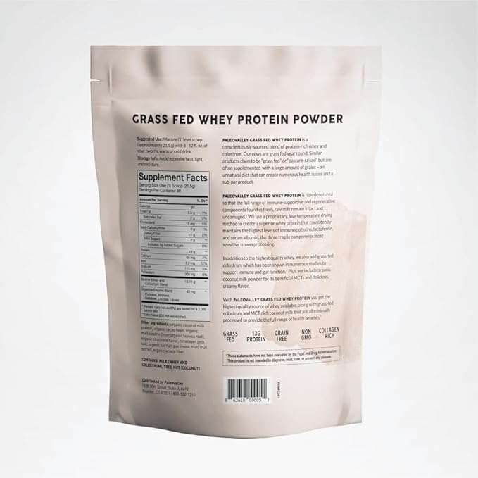 Paleovalley 100% Grassfed Whey Protein Powder with Colostrum 30 Serving - Vanilla 13g Protein Muscle Building Immune Support Gut Health