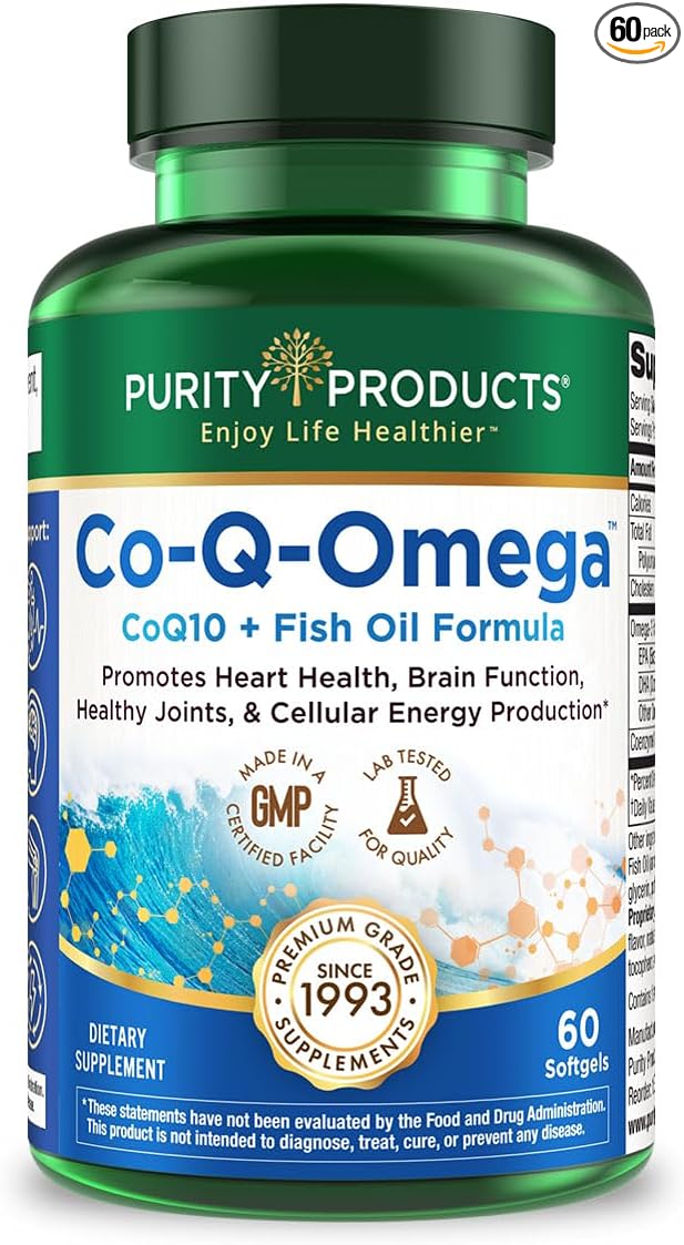 Purity Products Co-Q-Omega from Coq 10 + Omega-3 Fish Oil Formula Combination - LemonLock Freshness System - Supports Normal Cardiovascular Arterial Health &amp Beautiful Healthy Skin - 60 Soft Gels