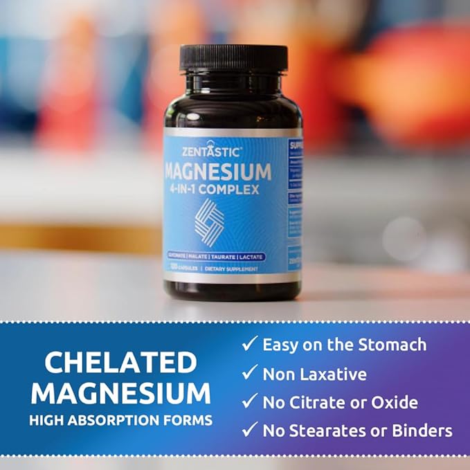 Zentastic Magnesium Complex 4-in-1 Supplement – Magnesium Glycinate Malate Taurate &amp Lactate – Chelated High Absorption for Nerves Muscles Bones &amp Immune Support – 120 Capsules