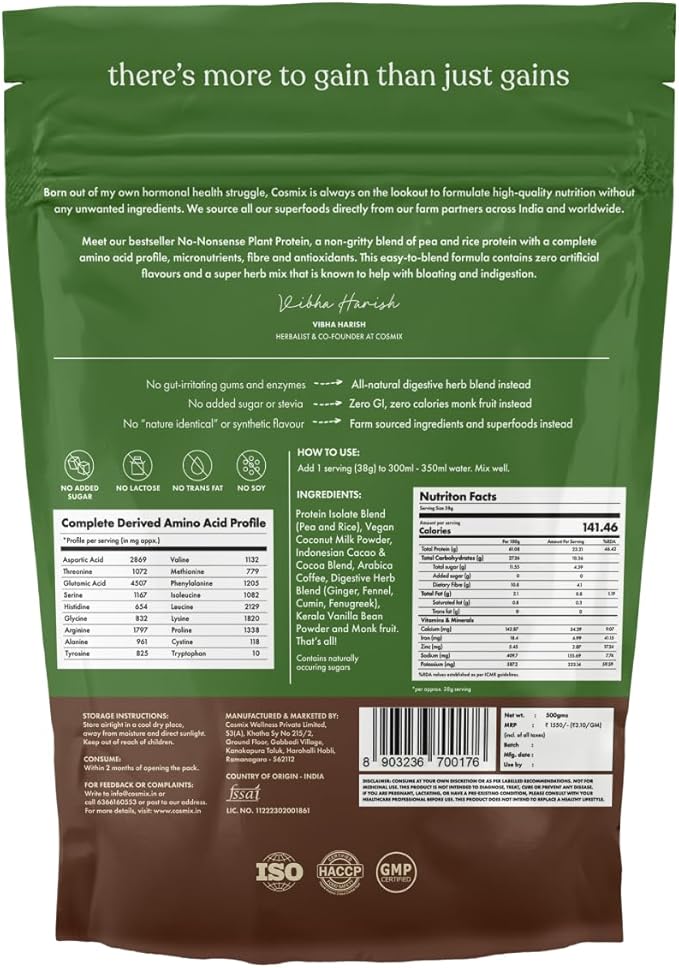 cosmix No Nonsense Plant Protein | Organic Brown Rice &amp Pea Isolate | Easy Digestion | 24G Protein/Serving | Gluten &amp Lactose Free | (Chikmagalur Mocha 500g)