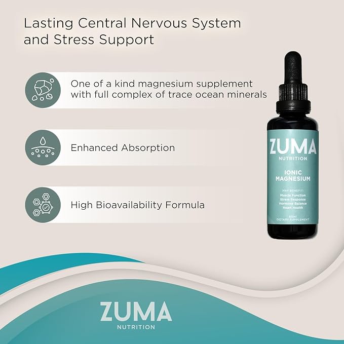 Zuma Nutrition Ionic Magnesium Liquid Tonic Vegan Natural Supplement for Cognitive Support Herbal Mineral Liquid Formula with Magnesium &amp Trace Ocean Minerals for Men &amp Women 60 ML Bottle