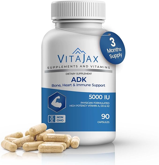 ADK - Vitamin ADK Supplement 90 Capsules - High Potency Vitamin A D3 (5000 IU) K2 as MK-7 for Bone Heart &amp Calcium Absorption – Non-GMO Gluten Free (3 Month Supply)