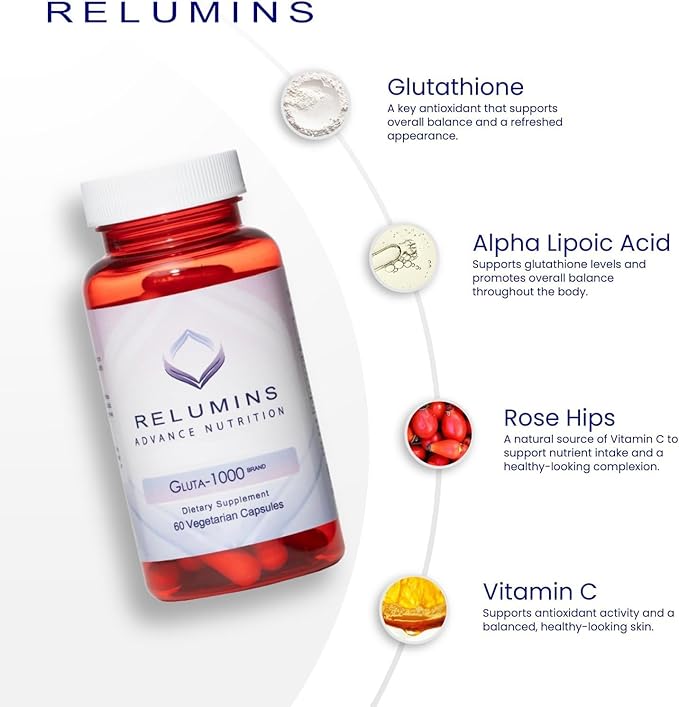 Relumins L-Glutathione Supplement Complex - Spring Glow Essential - World’s Most Advanced Reduced Glutathione 1000mg with Alpha Lipoic Acid for Smoother &amp Brighter Skin Made in USA - 60 Caps