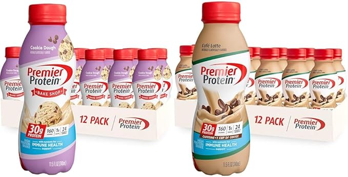 Premier Protein Shake Cookie Dough &amp Café Latte 30g Protein 11.5 Fl Oz 12 Pack Bundle
